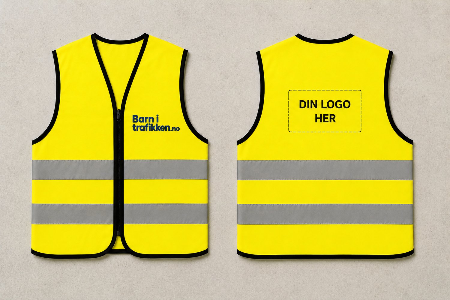 Refleksvest for barn vist forfra og bakfra, med sponsorlogoen på ryggen og vår egen merking på venstre bryst